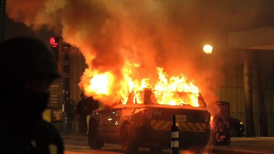 police car on fire