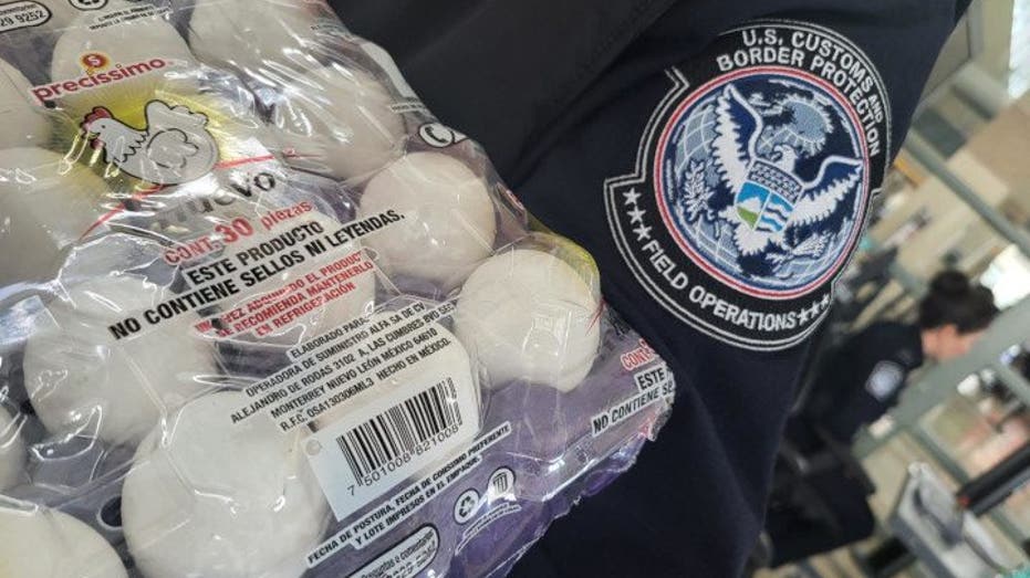 A CBP officer carries eggs seized at the southern border