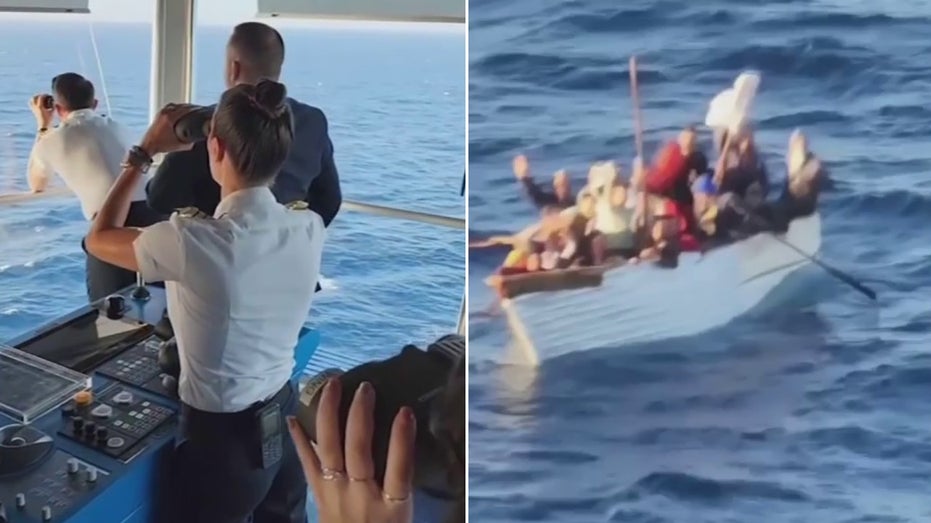 Celebrity Beyond crew rescueing migrants at sea