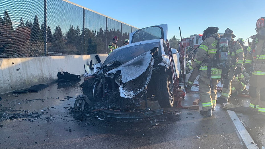 Charred wreckage of a Tesla Model S.