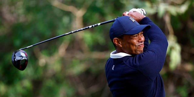 Tiger Woods plays his shot from the 12th tee during the first round of The Genesis Invitational at Riviera Country Club in Los Angeles on Feb. 16, 2023.