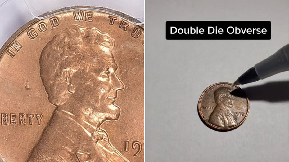 Doubled die pennies on blank surface