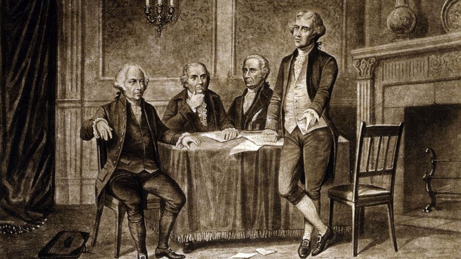 John Adams, Robert Morris, Alexander Hamilton and Thomas Jefferson sign Declaration of Independence