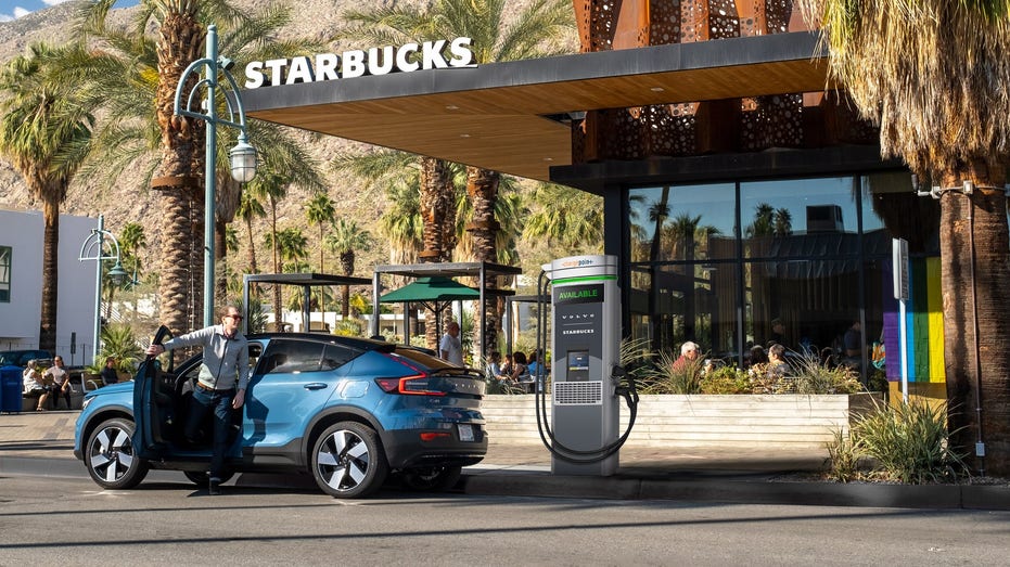 EV charging station in front of Starbucks