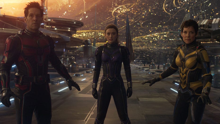 Ant-Man and the Wasp: Quantumania promotional photo showing Paul Rudd as Ant-Man, Kathryn Newton as Cassandra Lang, and Evangeline Lilly as Hope van Dyne