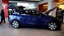 A Tesla Model Y at the electric vehicle maker&apos;s showroom in Beijing, China Jan. 5, 2021. 