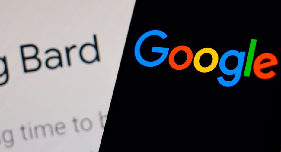 The Google logo, on a smartphone, and Bard logo