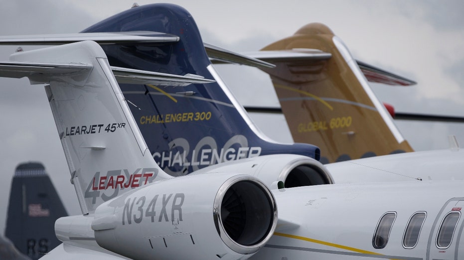 Tail fins of Bombardier Inc. aircraft