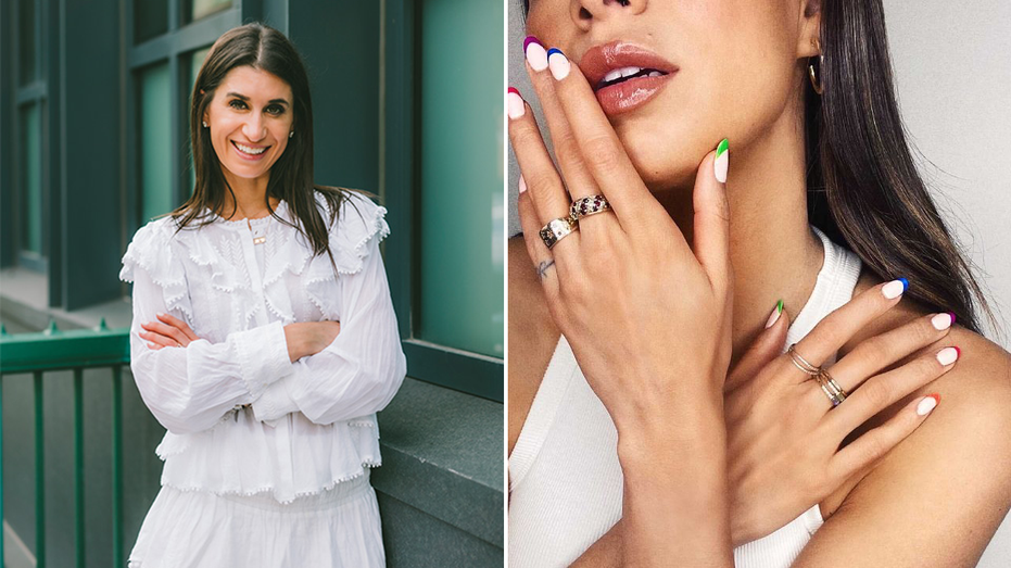 Rachel Apfel Glass headshot next to hand model with a multicolored French manicure