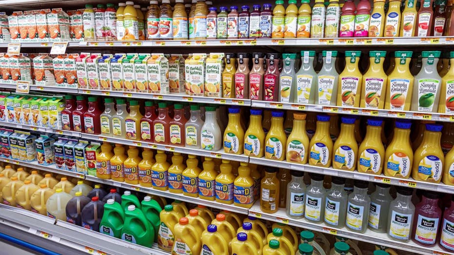 refrigerated juice shelves at grocery