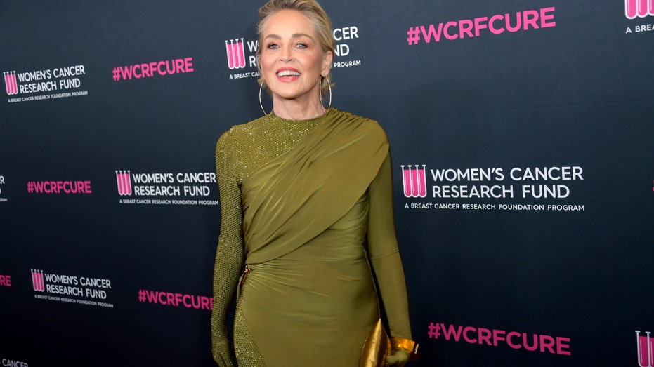 Sharon Stone wears an olive green dress on the red carpet