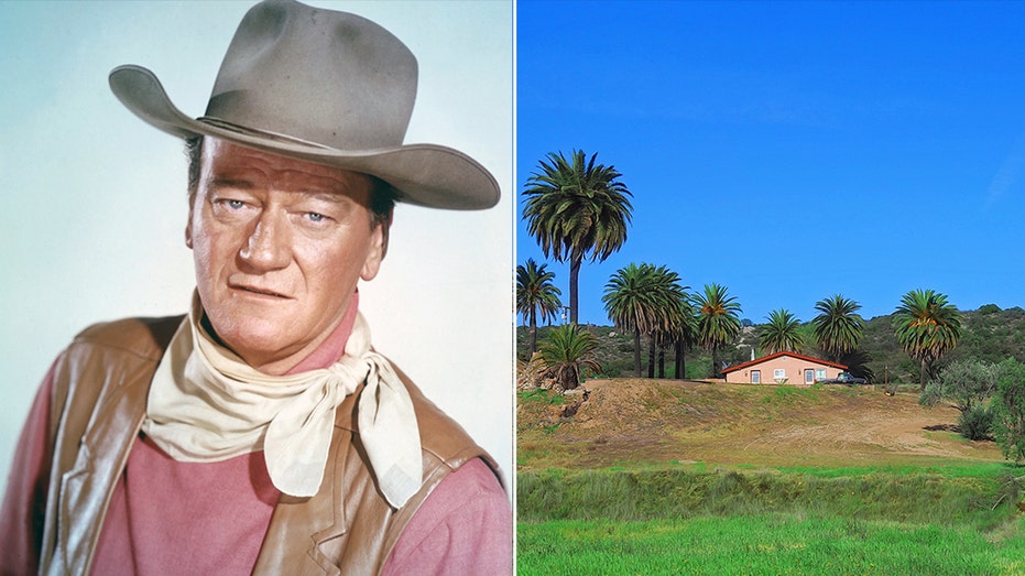 A side by side photo of John Wayne in Western wear and his California ranch