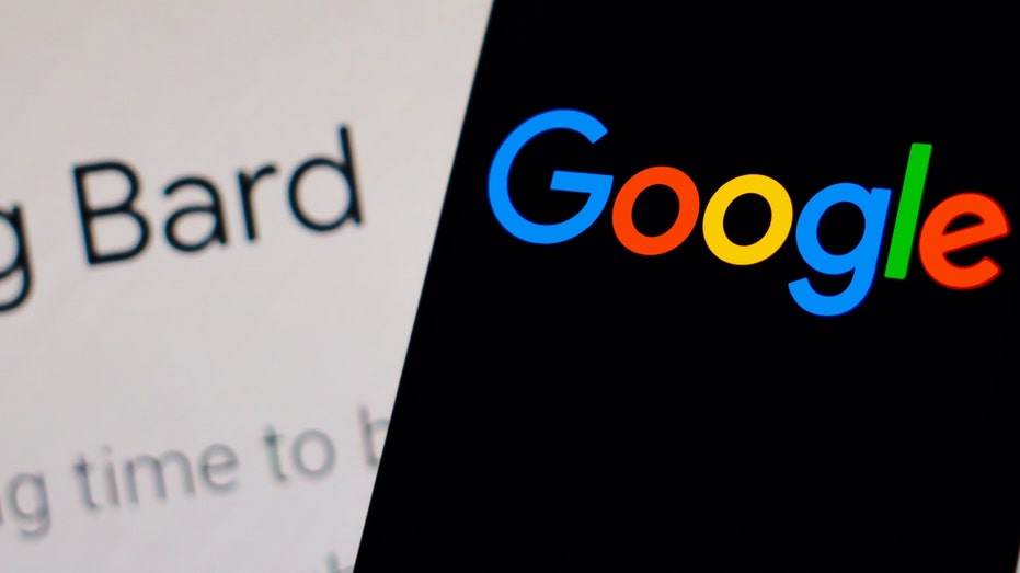 The Google logo, on a smartphone, and Bard logo