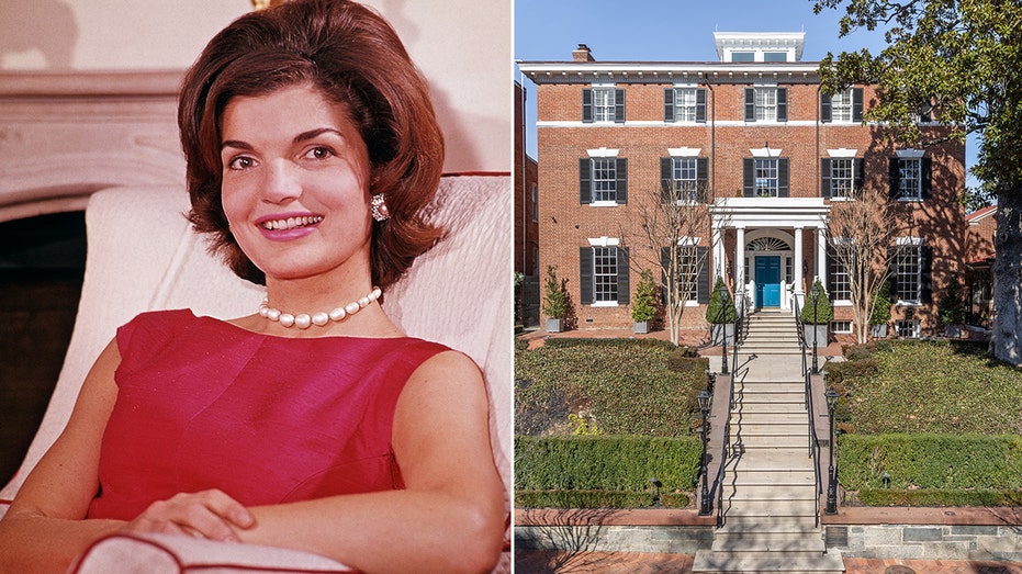 A side-by-side photo of Jackie Kennedy and her Georgetown mansion for sale in Washington, DC