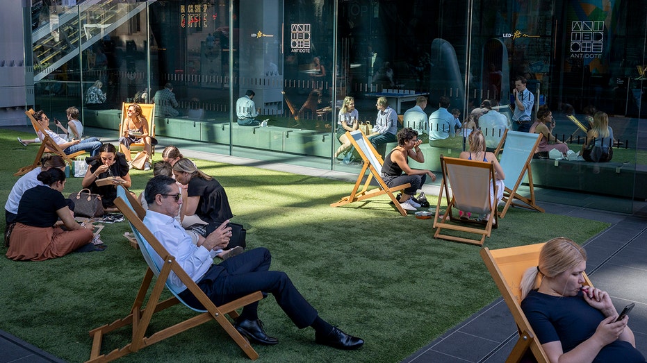 Workers take lunch break on lawn