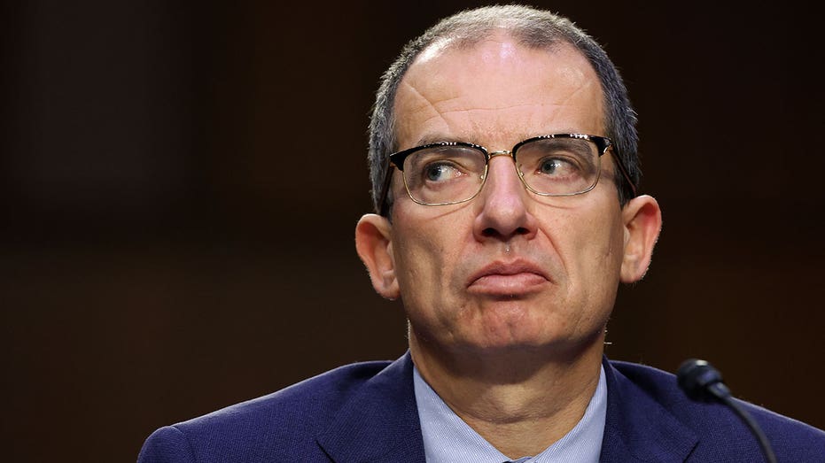Stephane Balcen looks to the side during Senate hearing