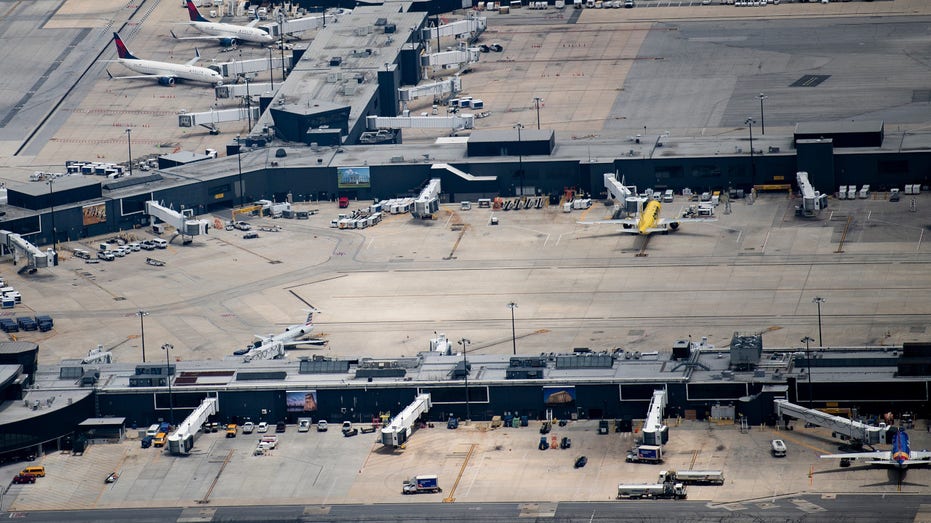 An aerial view of empty jetways are seen at Baltimore Washington International Airport