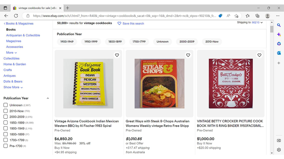 Vintage cookbook listings on eBay