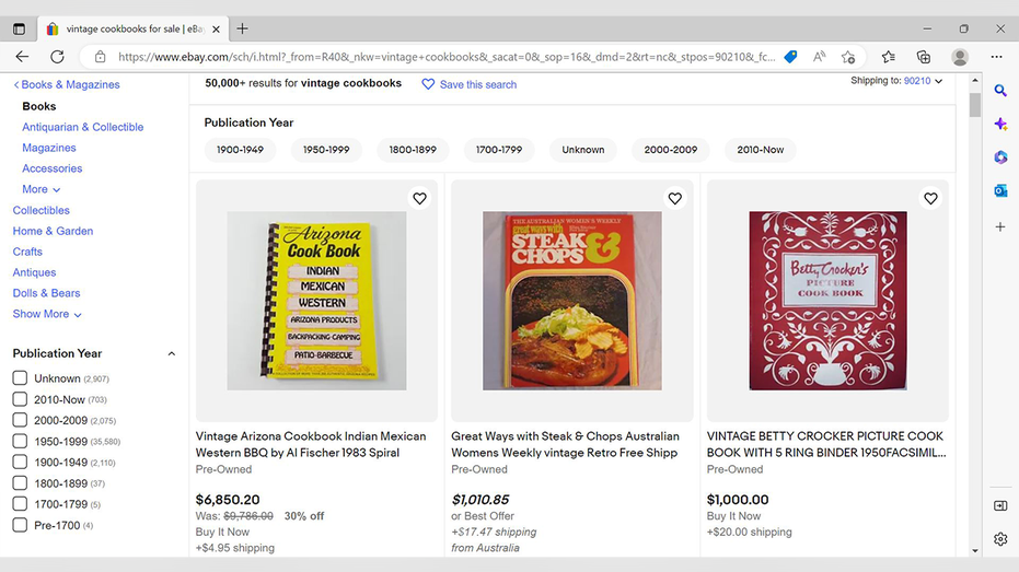 Vintage cookbook listings on eBay