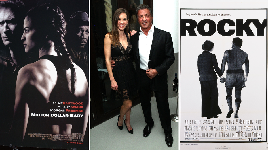 'Million Dollar Baby' movie poster next to Hillary Swank, Sylvester Stallone and a 'Rocky' movie poster.