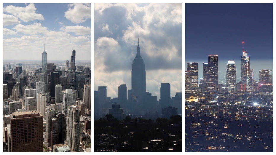 Collage of Chicago, New York City and Los Angeles.
