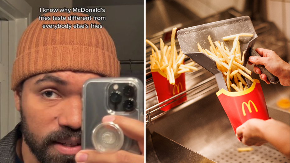 TikTok user Jordan Howlett next to photo of McDonald's fries being scooped.