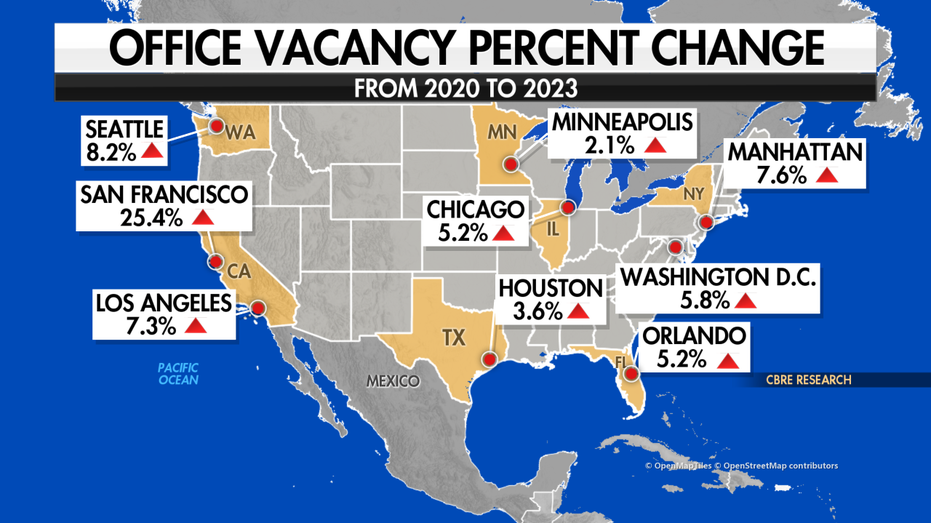 A map showing the percent increase in vacant office space since the pandemic