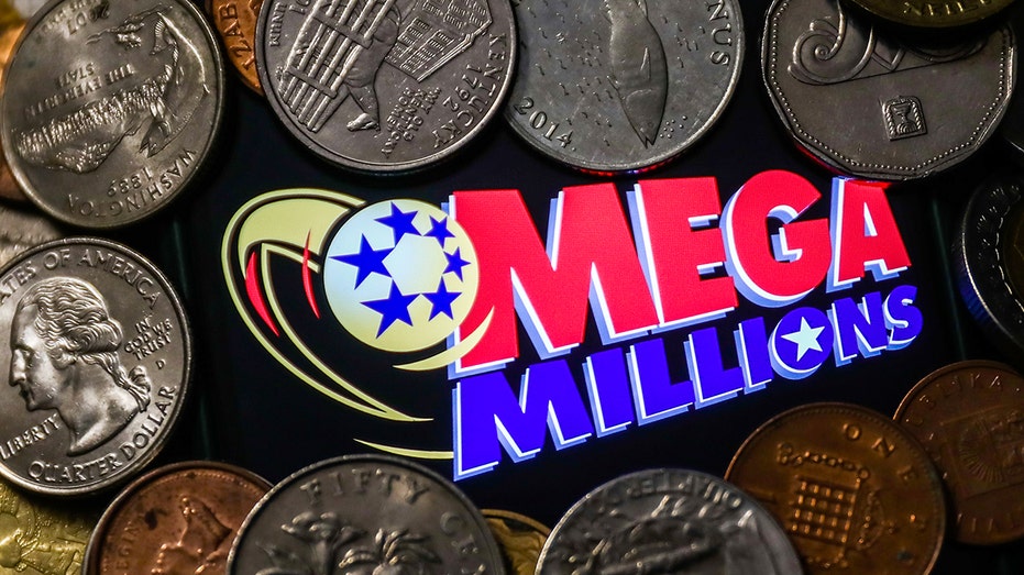 Mega Millions logo with coins in the background