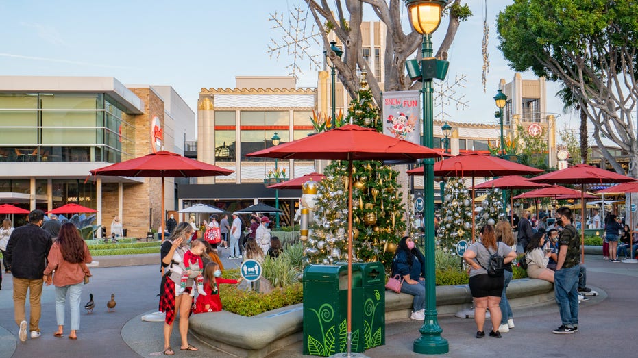 General views of Christmas decorations on the Downtown Disney promenade