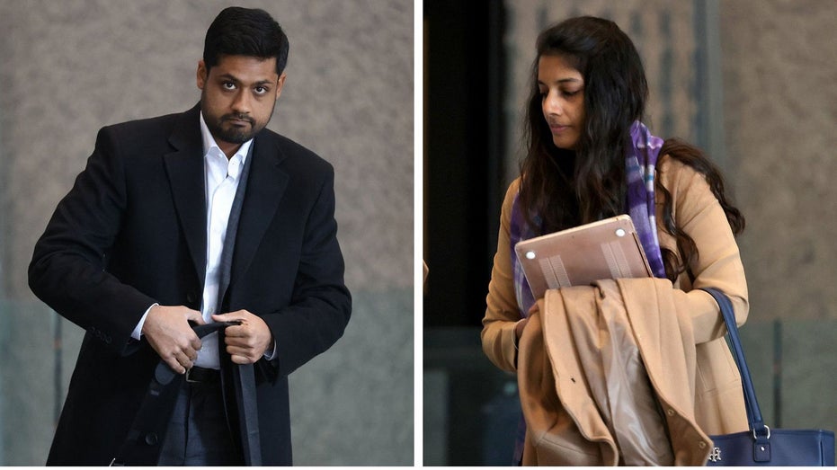 Outcome Health CEO Rishi Shah, president Shradha Agarwal arrive court