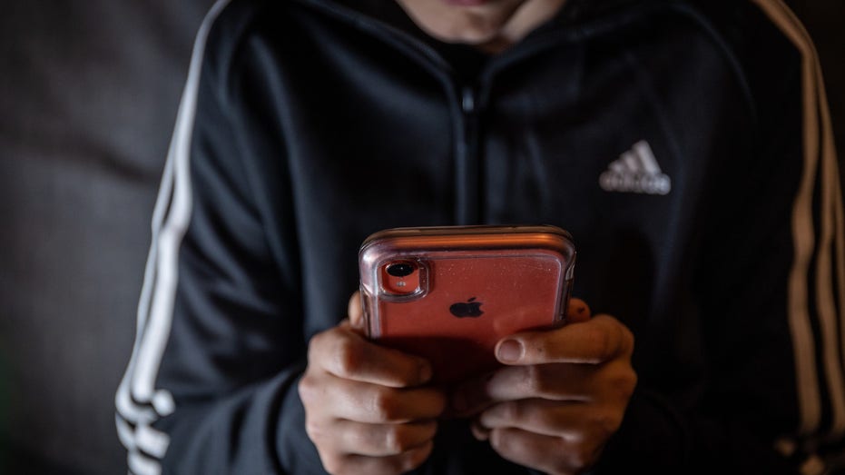 A 12-year-old boy looks at a smartphone screen