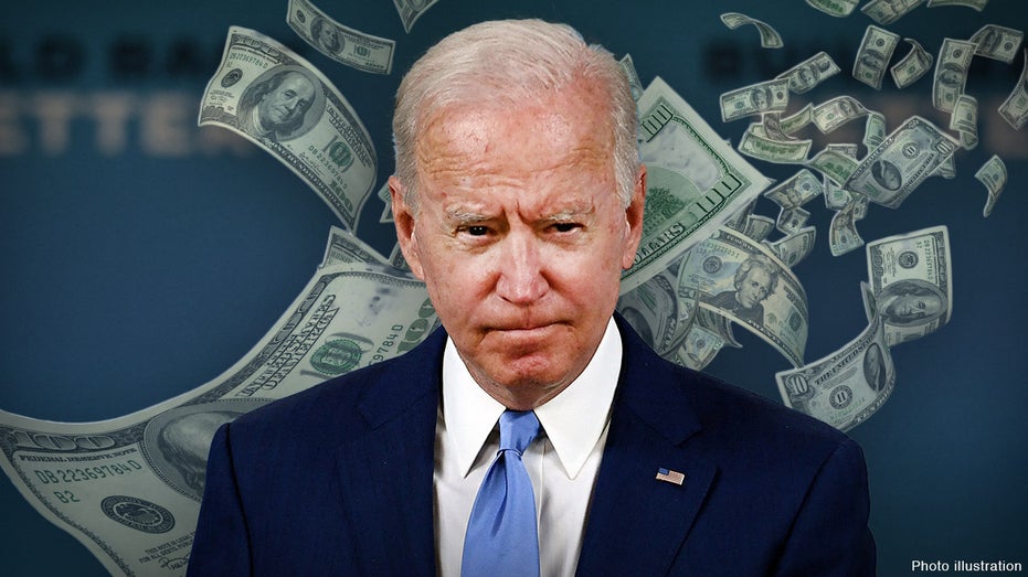President Biden with money falling in the background in a photo illustration