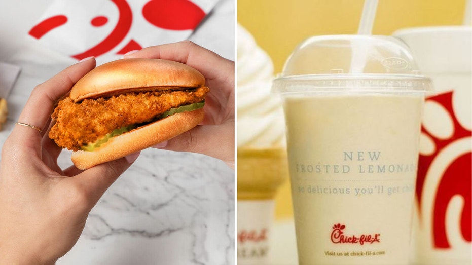 Side-by-side photo of a Chick-fil-A Chicken Sandwich Combo and Frosted Lemonade.