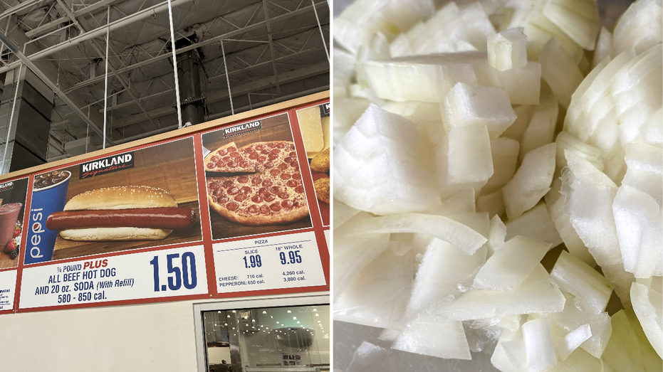 Costco food court sign next to pile of diced onions.