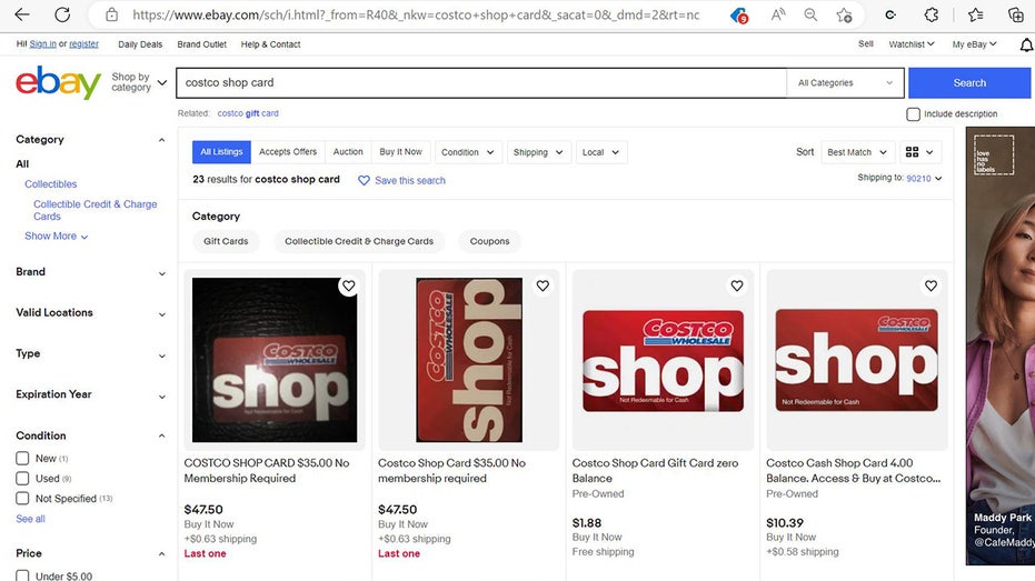 Four Costco Shop Card listings on eBay displayed on screen.