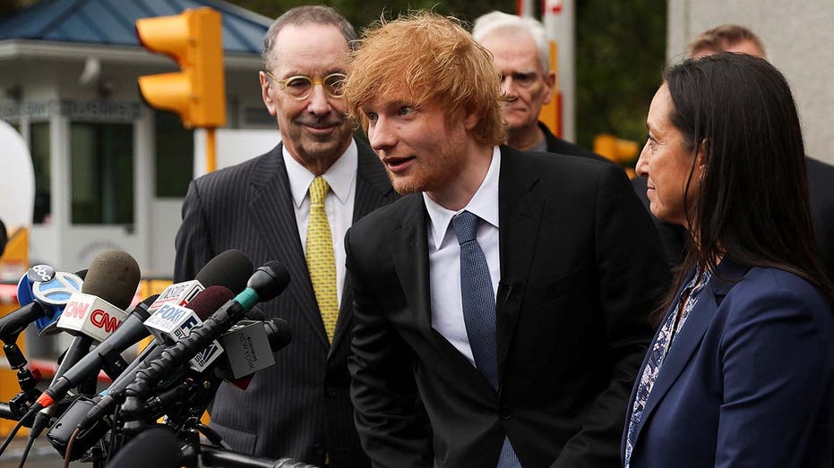 Singer Ed Sheeran speaks to the media, after his copyright trial at Manhattan federal court