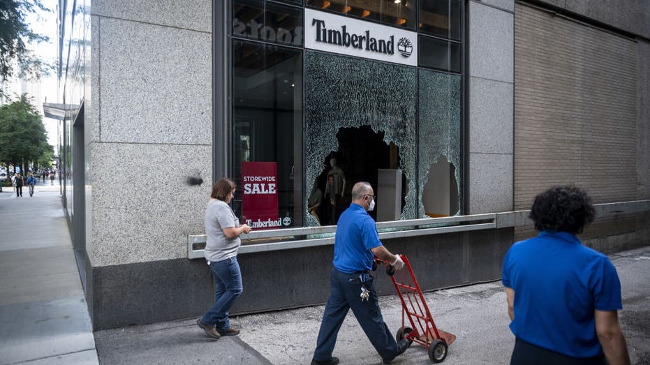 Smashed window at Chicago storefront