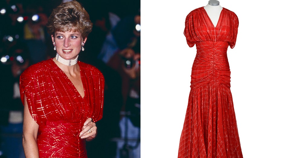 A side-by-side photo of Princess Dianas red dress