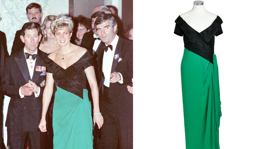 A side-by-side photo of Princess Dianas black and jade gown