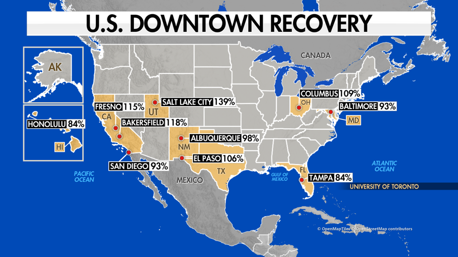 A map showing U.S. downtowns that have recovered following the pandemic