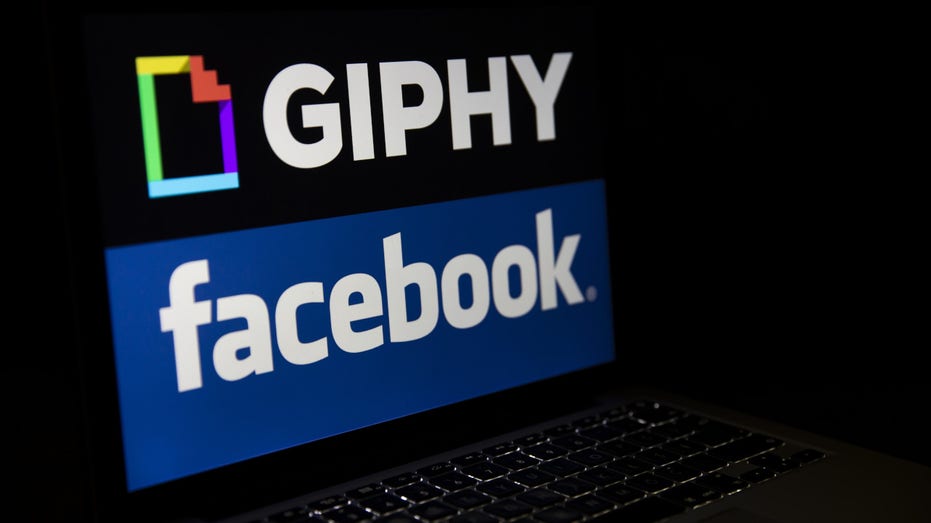The Facebook and Giphy logos displayed on a laptop screen