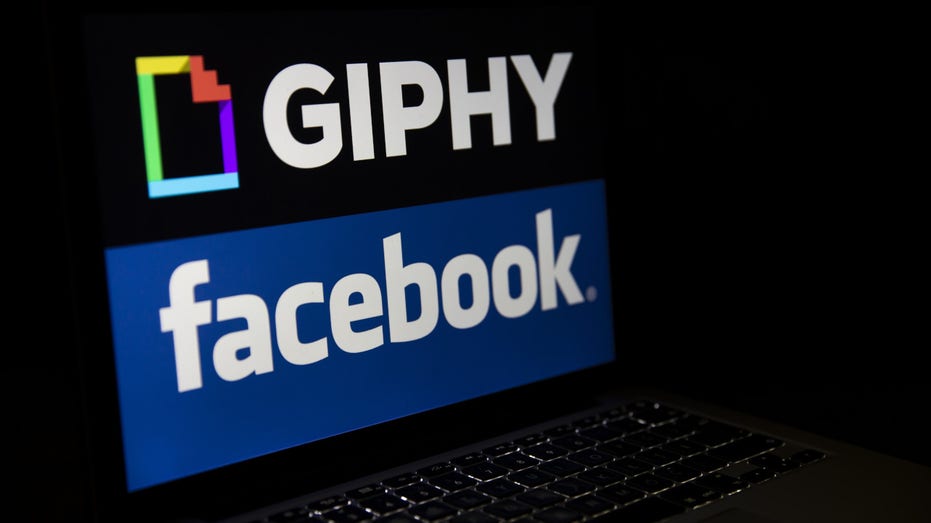 The Facebook and Giphy logos displayed on a laptop screen