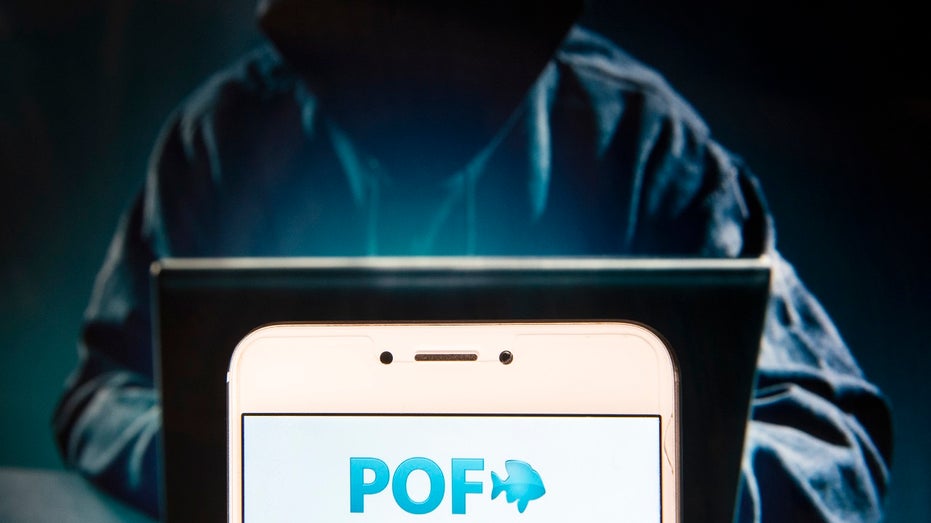 hacker on computer with Plenty of Fish logo on phone