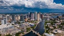 Aerial drone View of sprawling Tampa Bay Skyline, Florida. 