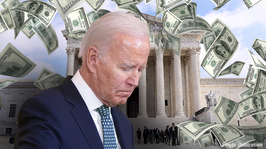 President Biden seen in photo illustration with the US Supreme Court