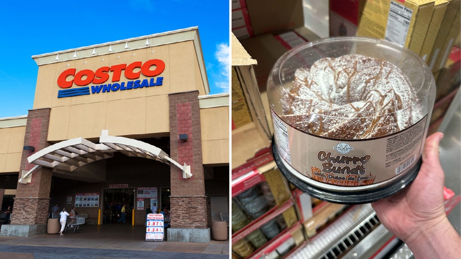 Costco Wholesale storefront in Citrus Heights, California (left). Churro bundt cake filled with dulce de leche (right).