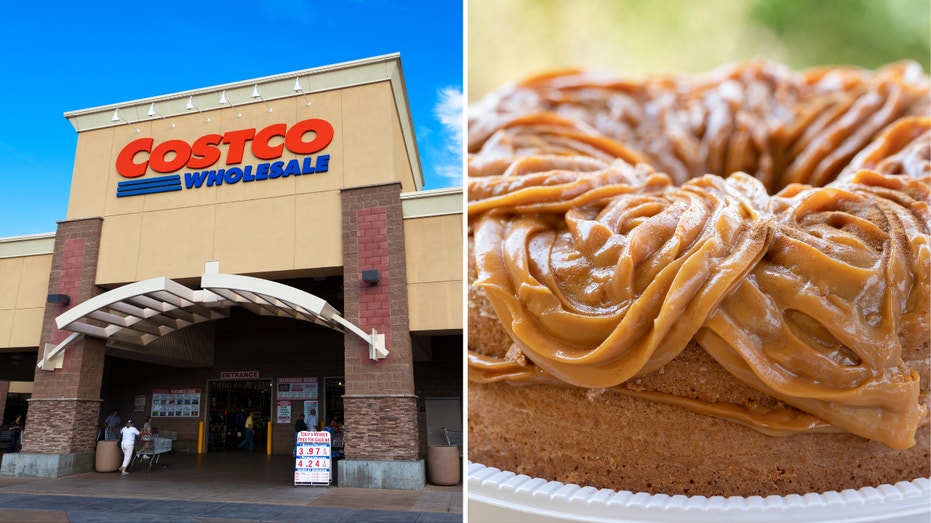 Costco Wholesale storefront in Citrus Heights, California (left). Churro bundt cake filled with dulce de leche (right).