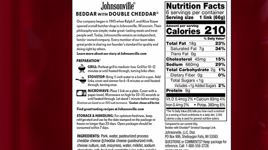 Ingredient panel of Johnsonvilles Beddar with Cheddar dinner sausage 