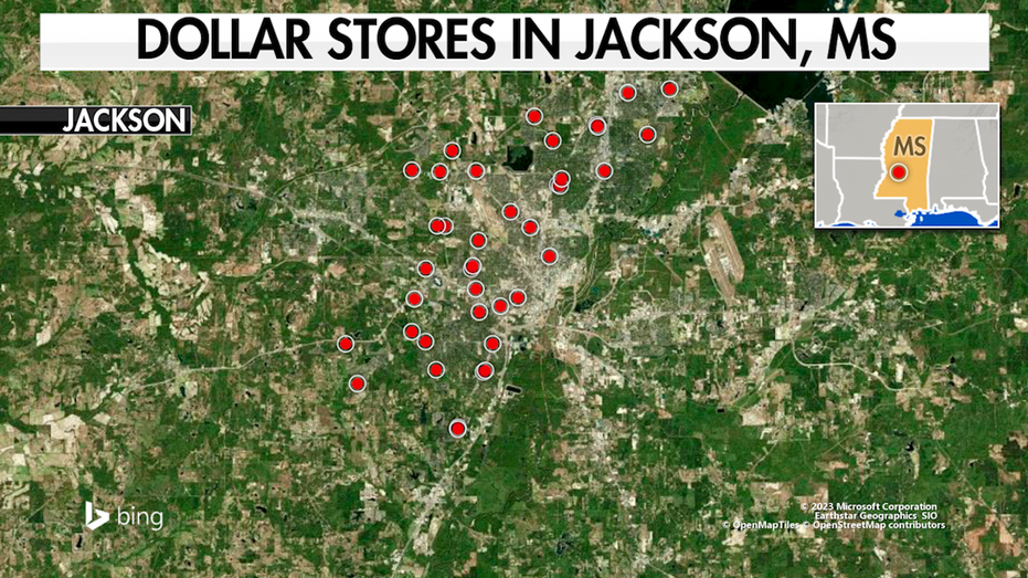 Map of Jackson, MS that shows 39 dollar store locations
