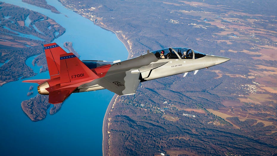 Air Force "Red Hawk" jet plane in flight
